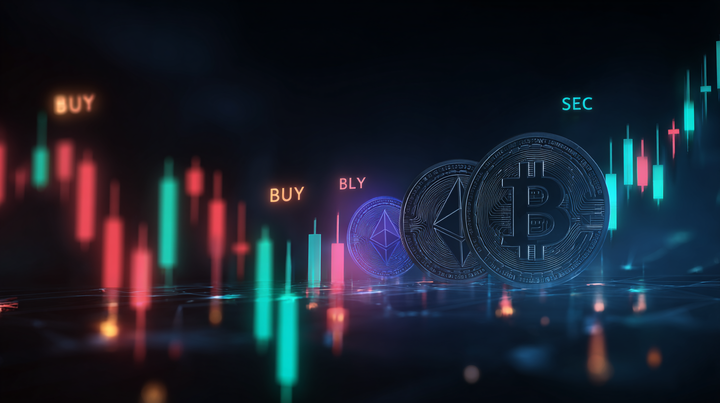 Tarjetas holográficas de señales cripto con gráficos de velas