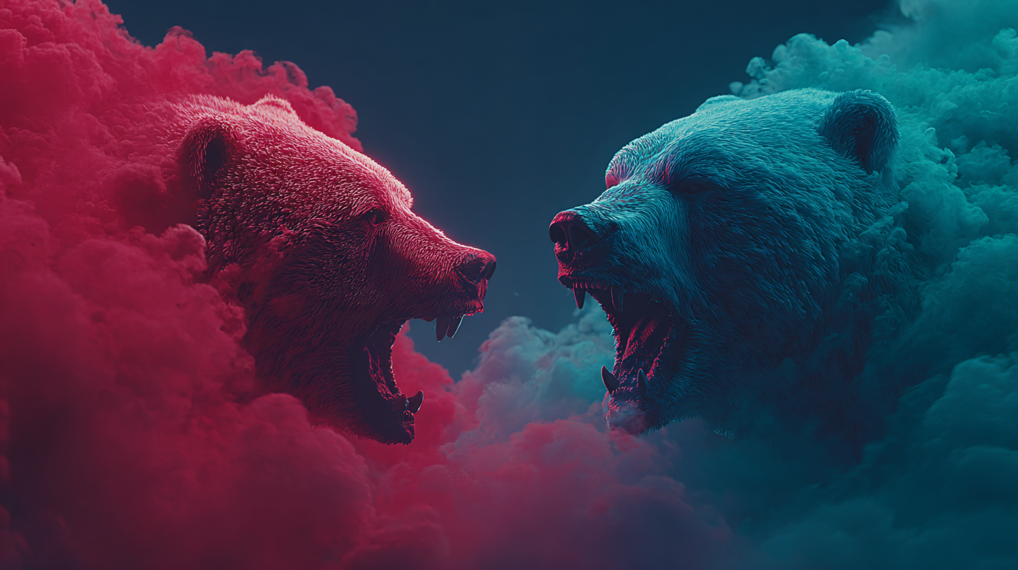 Silueta de depredador solitario moviéndose contra una multitud de toros y osos